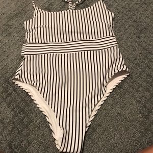 Black and white striped swim suit